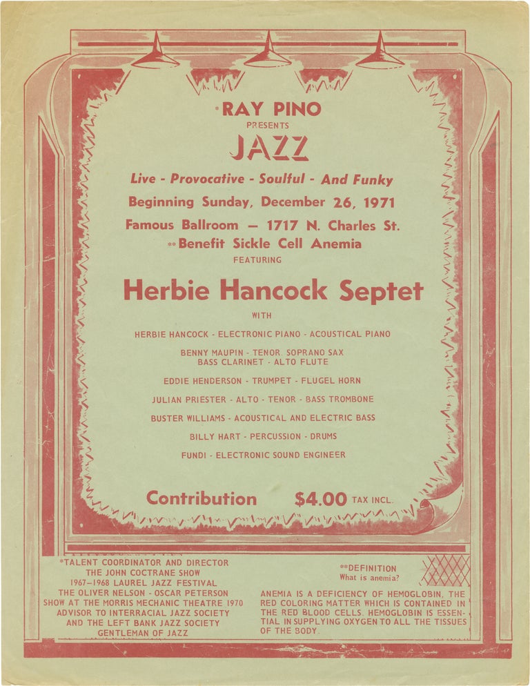 [Book #158555] Original flyer for a benefit performance at Baltimore's Famous Ballroom on December 26, 1971. Herbie Hancock Septet.