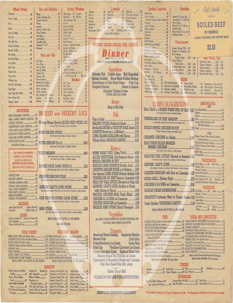 Original Hickory House Dinner Menu, circa 1940s