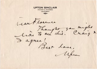 Book #158608] Original manuscript note signed to Florence Welch. Upton Sinclair