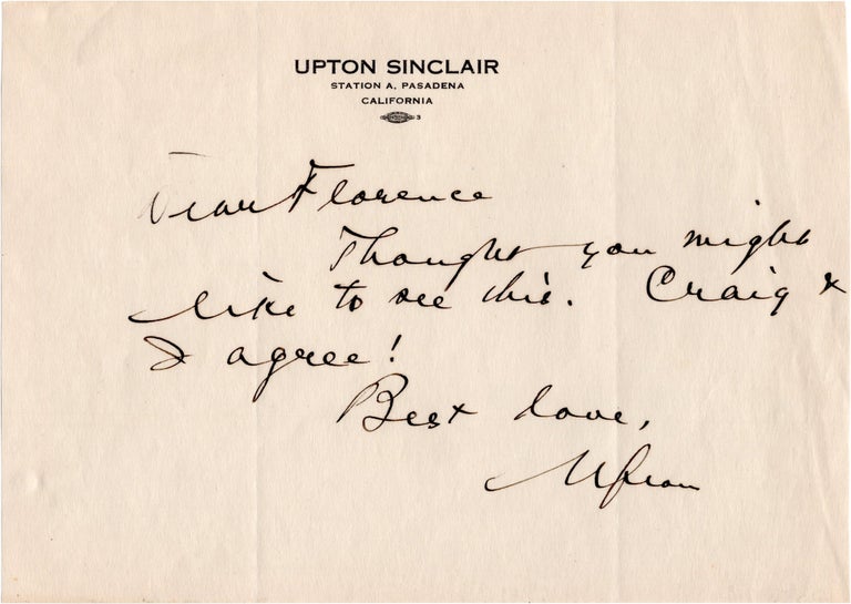 [Book #158608] Original manuscript note signed to Florence Welch. Upton Sinclair.