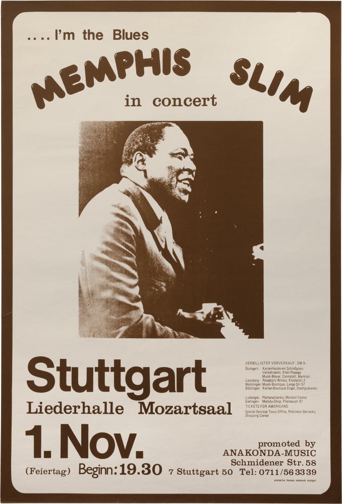 [Book #158622] Original Memphis Slim West German poster for a performance at Liederhalle Mozartsaal, Stuttgart, on November 1, circa 1976. Memphis Slim.