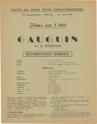 Book #158773] Gauguin (Original program for a 1951 showing of the 1950 short film). Alain...