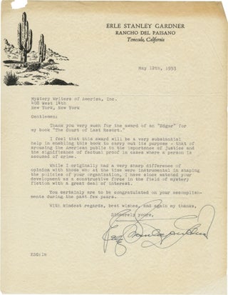 Book #159018] Original ribbon typescript copy letter signed from Erle Stanley Gardner to the...