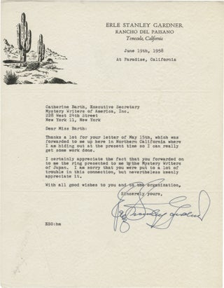 Book #159021] Original ribbon typescript copy letter signed from Erle Stanley Gardner to the...