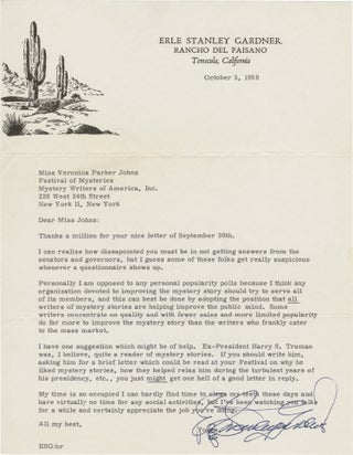 Book #159024] Original ribbon typescript copy letter signed from Erle Stanley Gardner to the...
