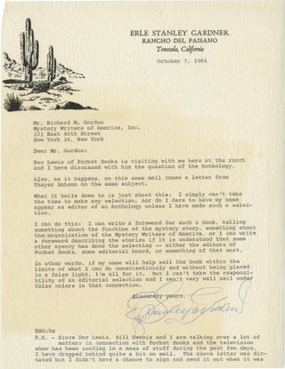 Book #159027] Original two-page ribbon typescript copy letter signed from Erle Stanley Gardner to...
