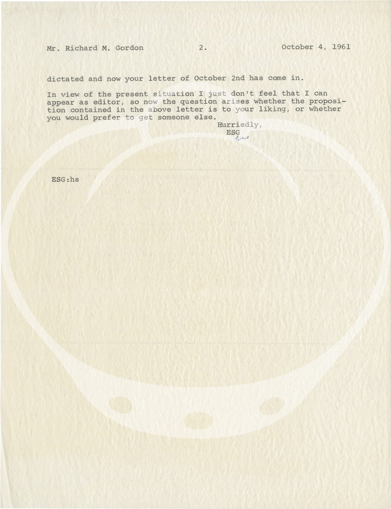 Original two-page ribbon typescript copy letter signed to the Mystery Writers of America, 1961
