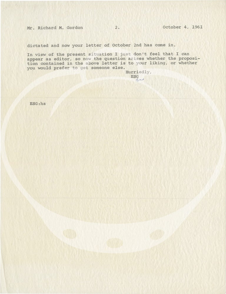 Original two-page ribbon typescript copy letter signed to the Mystery Writers of America, 1961