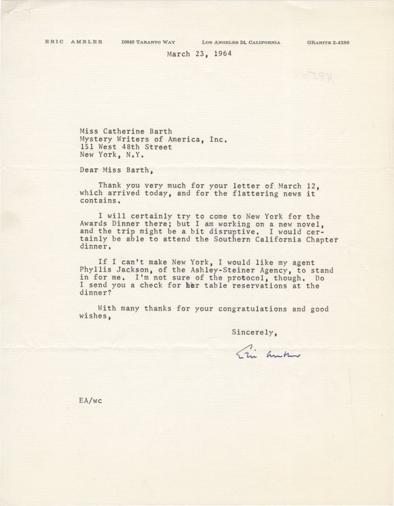Book #159087] Original ribbon typescript copy letter signed from Eric Ambler to the Mystery...