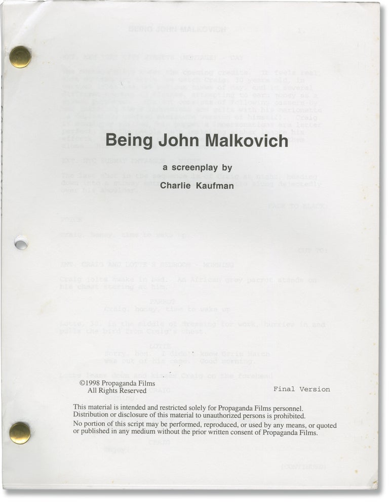 Book #159108] Being John Malkovich (Original screenplay for the 1999 film). Spike Jonze, Charlie...
