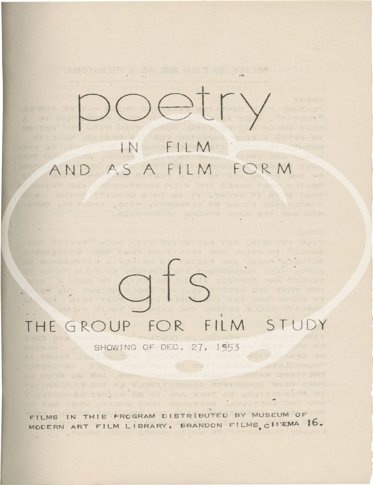 Original bound gathering of four programs for film screenings held by The Group for Film Study, 1953-1954
