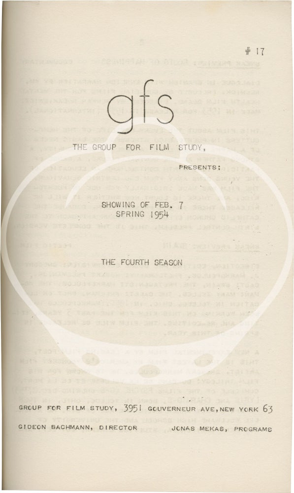 Original bound gathering of four programs for film screenings held by The Group for Film Study, 1953-1954