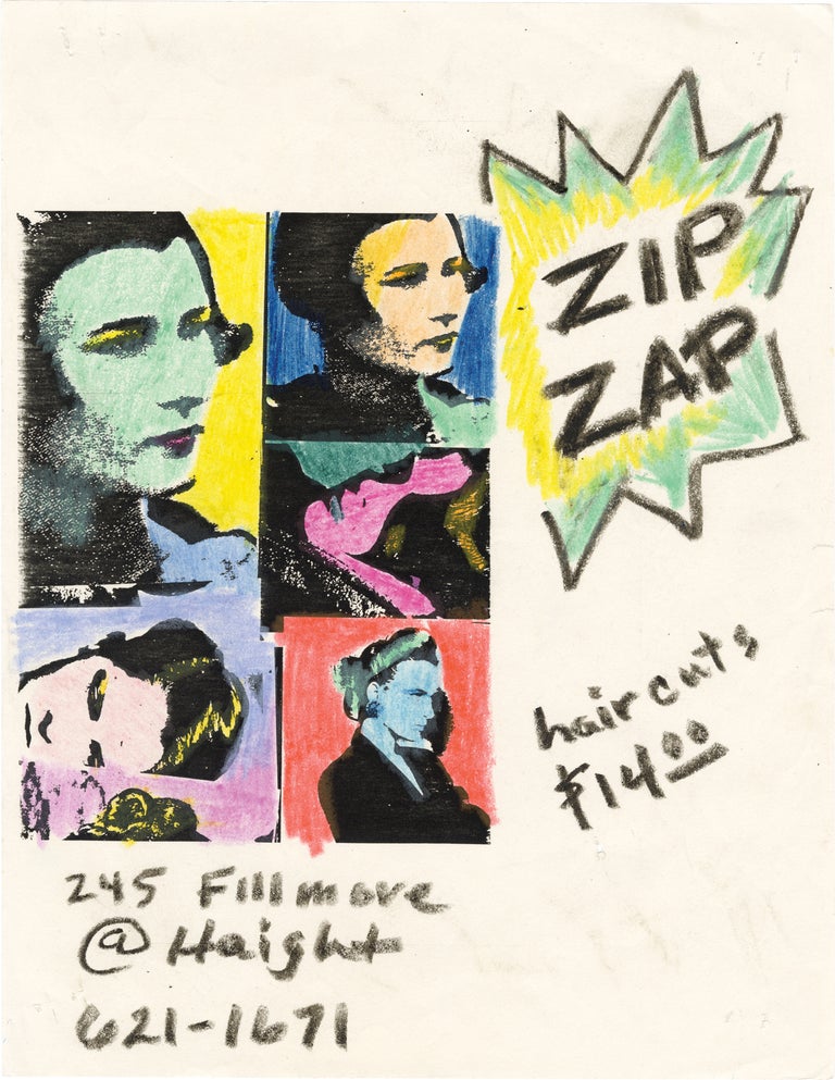 Book #159683] Original hand colored and annotated flyer advertising Zip Zap hair salon, San...