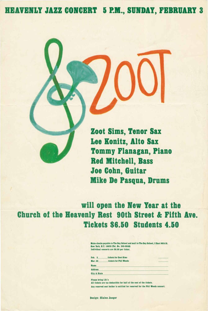[Book #159919] Original "Zoot" mailer, for a performance by Zoot Sims and his ensemble, at the Church of Heavenly Rest, for their third concert of their fourth "Heavenly Jazz Concert" season, Sunday, February 3, 1980. Lee Konitz Zoot Sims, Joe Cohn Mike De Pasqua, Red Mitchell, Tommy Flanagan, artists.