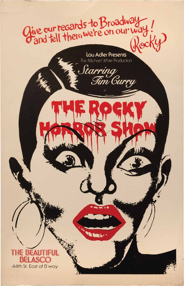 [Book #159949] Original The Rocky Horror Show poster for the original Broadway production at the Belasco Theatre, 1975. Richard O'Brien, Jamie Donnelly Tim Curry, Meat Loaf, Graham Jarvis, lyrics book, starring as Ritz O'Brien, music, starring.