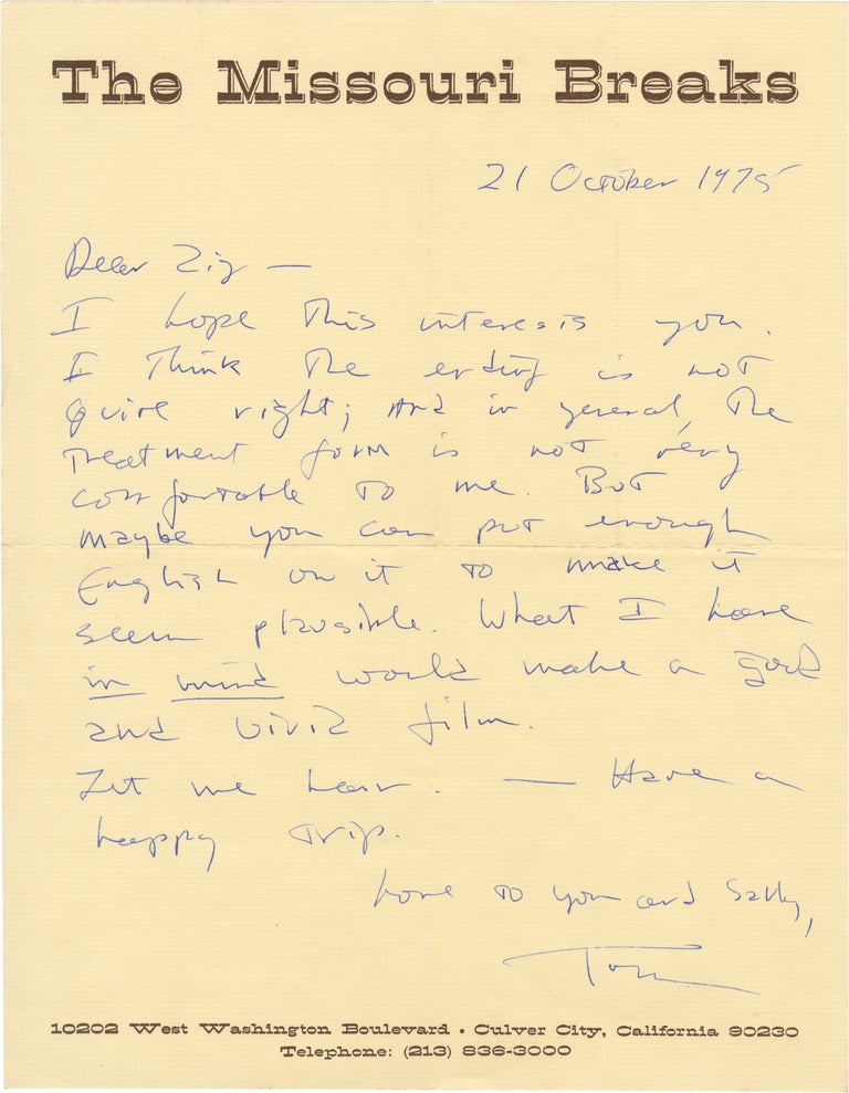 Book #160065] Original Autograph Letter Signed from Thomas McGuane to agent Zig Ziegler. Thomas...