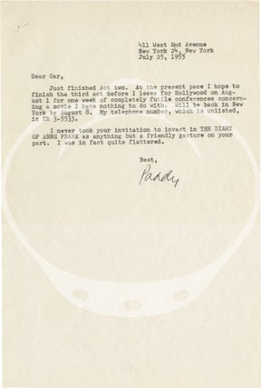 Original Typed Letter Signed from Paddy Chayefsky to Garson Kanin