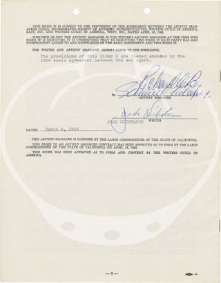 Signed writer's contract from 1965 between Jack Nicholson and the agency of Adams and Ray, 1965