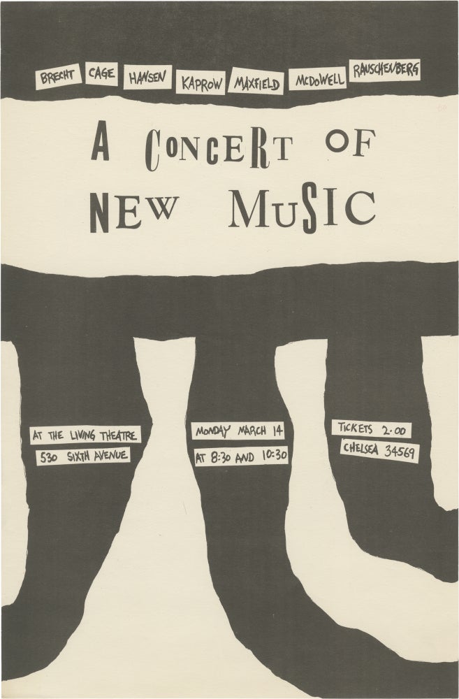 [Book #160202] Original flyer for a 1960 experimental music show at The Living Theatre. George Brecht John Cage, Robert Rauschenberg, John Herbert McDowell, Richard Maxfield, Allan Kaprow, Alfred Hansen, performers.