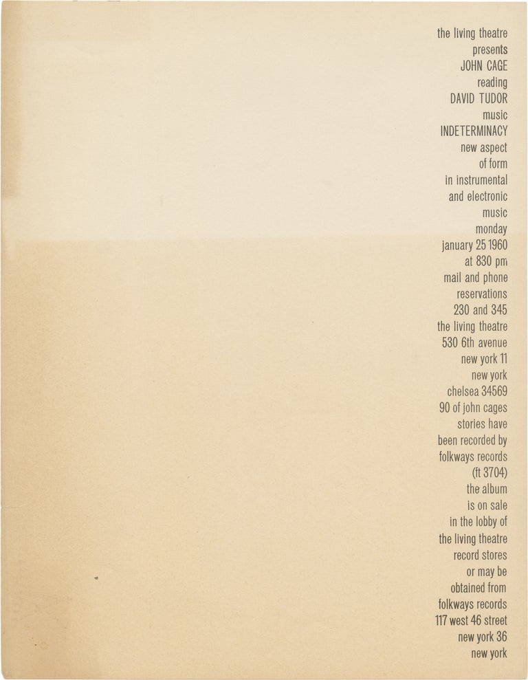 Book #160207] Original flyer for a 1960 performance at The Living Theatre. David Tudor John Cage,...