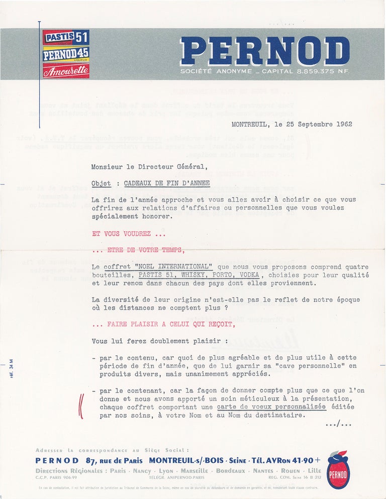 Book #160308] Original typed letter from Bernard Cambournac to a General Director at Pernod,...