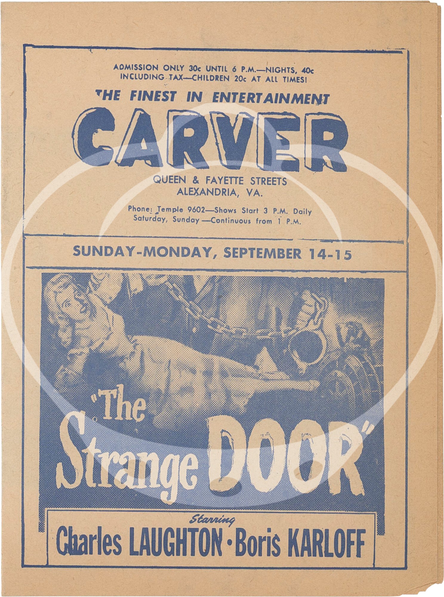 Original Promotional Theater Flyer For The Carver Theater Circa 1951 Featuring The Strange Door 7401