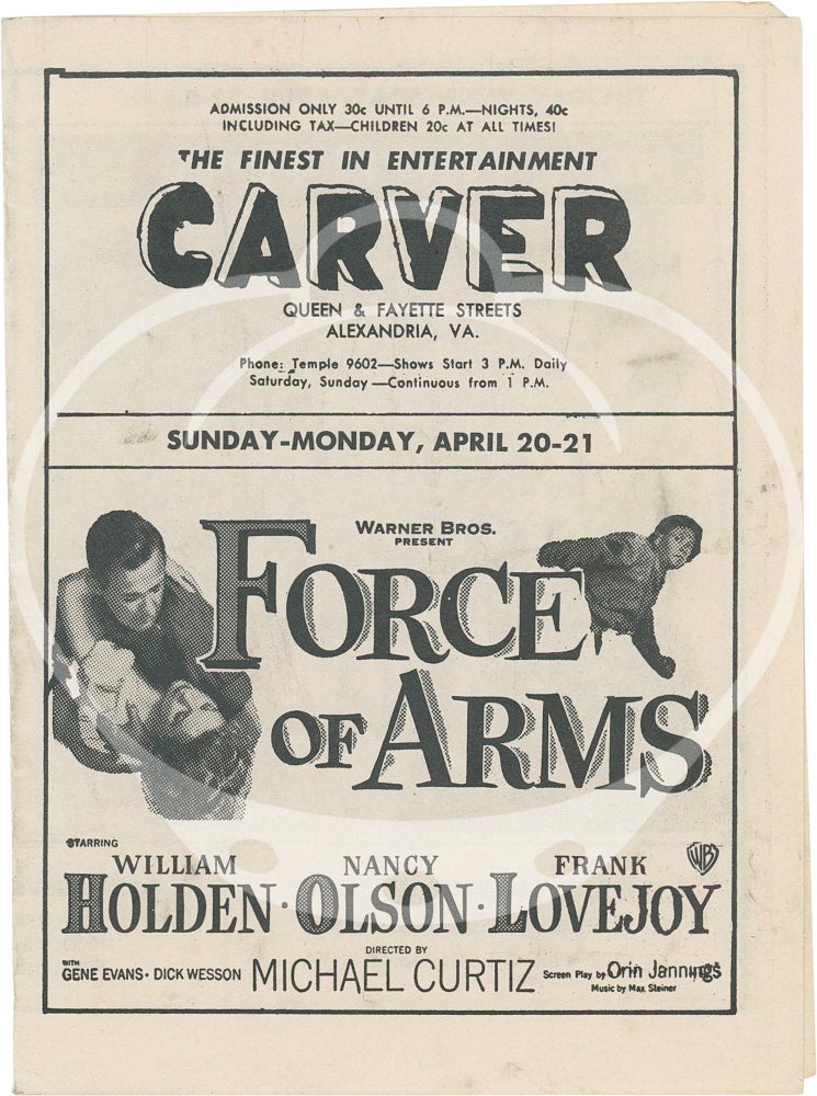 Original promotional theater flyer for the Carver Theater circa 1951, featuring "Force of Arms,"...
