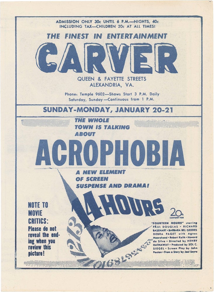 Book #160480] Original promotional theater flyer for the Carver Theater circa 1951, featuring...