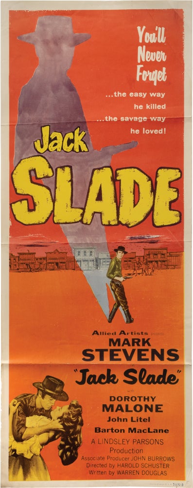 Book #160824] Jack Slade (Original insert poster from the 1953 film). Mark Twain, Harold D....