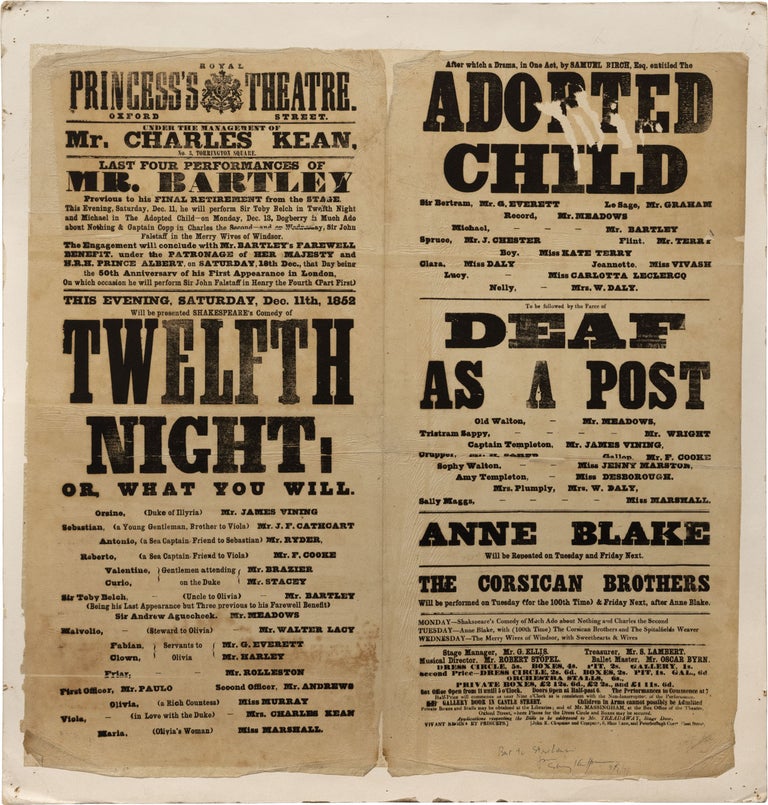 Book #160827] Original broadside for the Royal Princess's Theatre, 1852. Samuel Birch William...