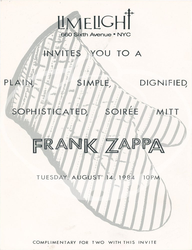 Original invitation to a performance by Frank Zappa at Limelight nightclub, New York, August 14, 1984
