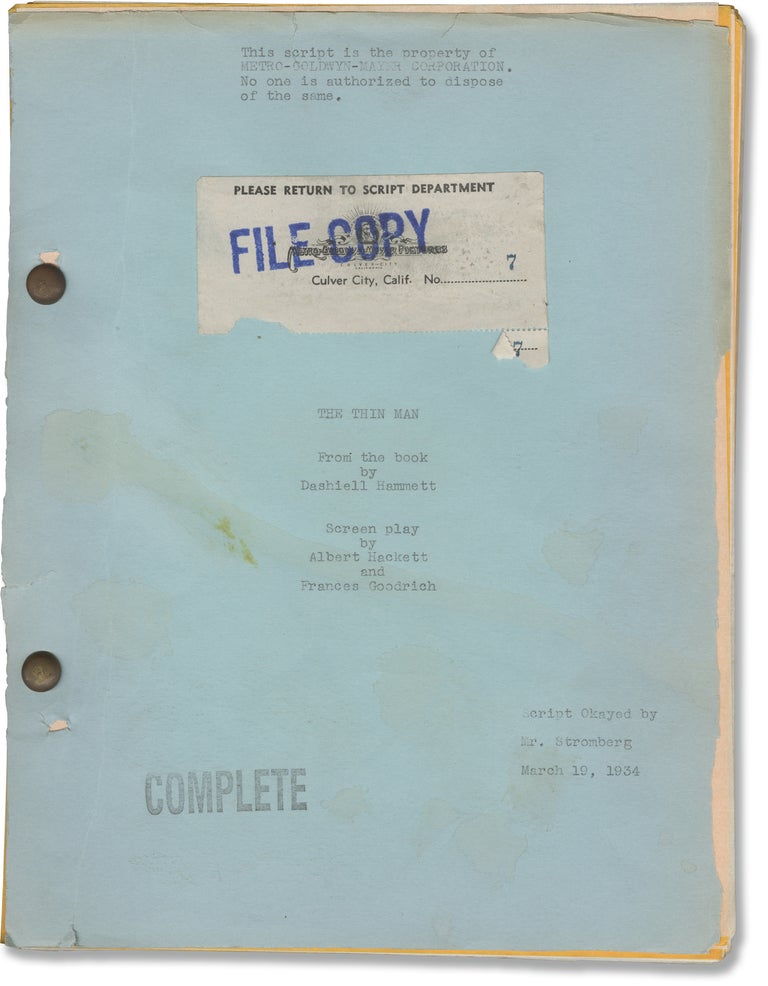 Book #161205] The Thin Man (Original screenplay for the 1934 film). William Powell Myrna Loy, W...
