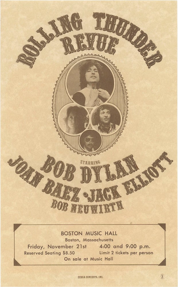 Original flyer for Bob Dylan's Rolling Thunder Revue at Boston Music Hall, November 21, 1975