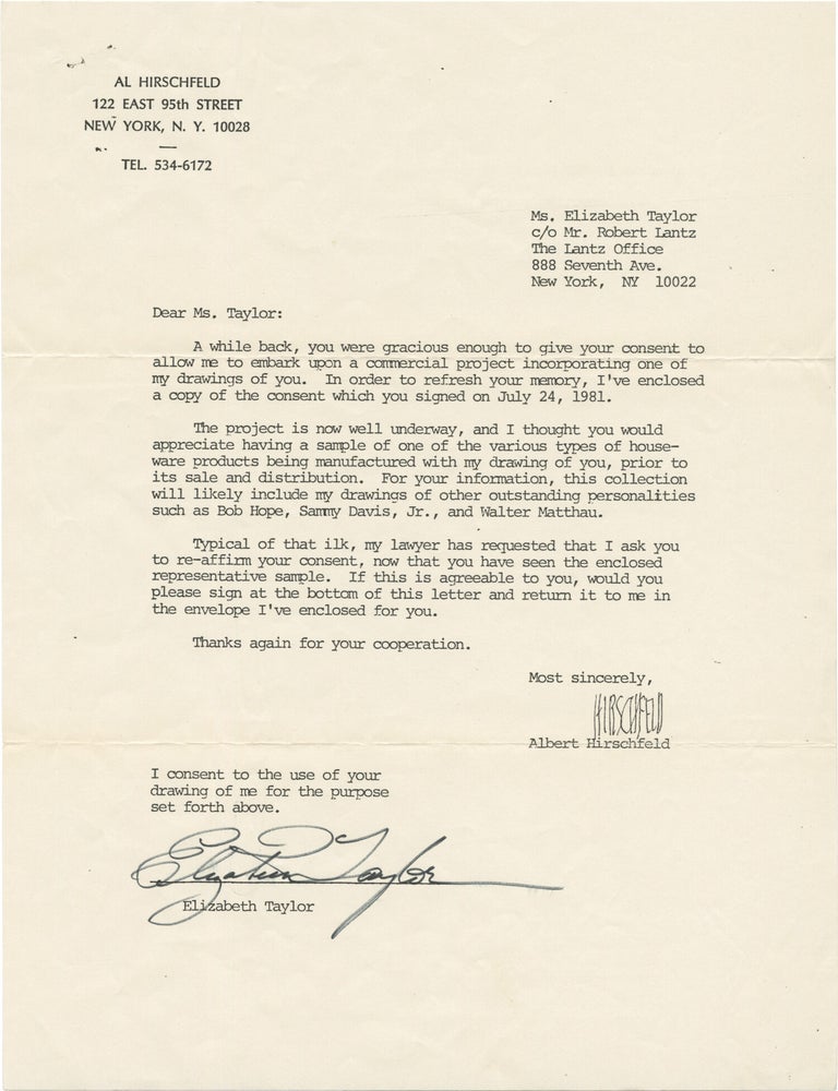 Archive of 17 letters between illustrator Al Hirschfeld and noted actors and directors requesting publication permission of their caricatures, 1981-1985