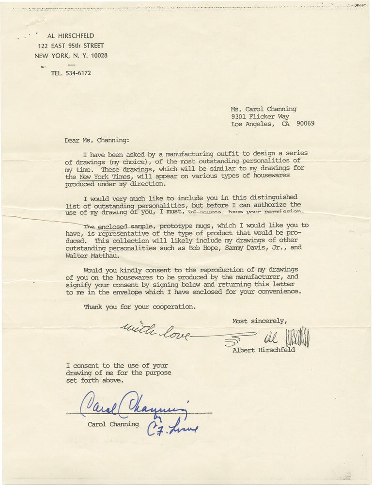 Archive of 17 letters between illustrator Al Hirschfeld and noted actors and directors requesting publication permission of their caricatures, 1981-1985
