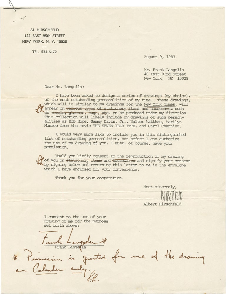 Archive of 17 letters between illustrator Al Hirschfeld and noted actors and directors requesting publication permission of their caricatures, 1981-1985