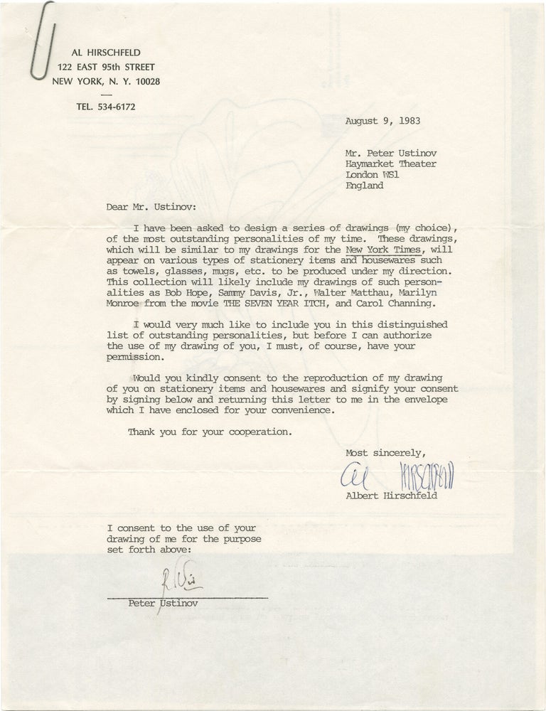 Archive of 17 letters between illustrator Al Hirschfeld and noted actors and directors requesting publication permission of their caricatures, 1981-1985