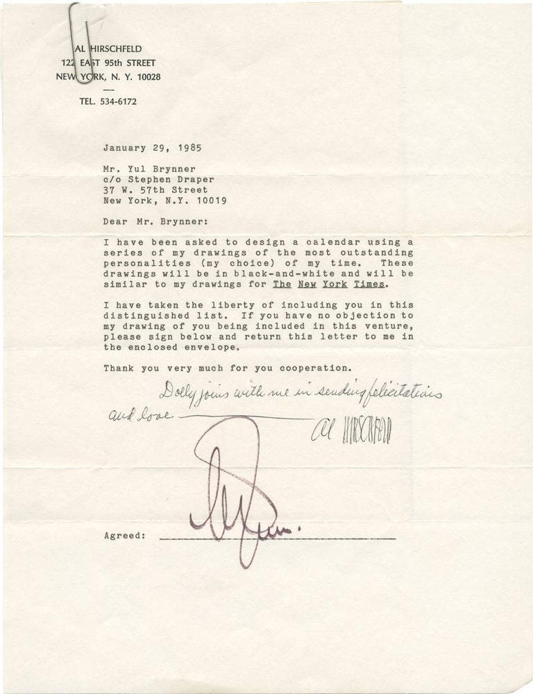 Archive of 17 letters between illustrator Al Hirschfeld and noted actors and directors requesting publication permission of their caricatures, 1981-1985
