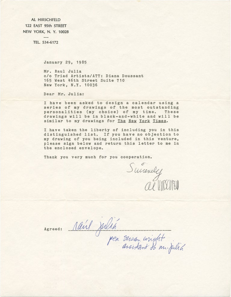 Archive of 17 letters between illustrator Al Hirschfeld and noted actors and directors requesting publication permission of their caricatures, 1981-1985