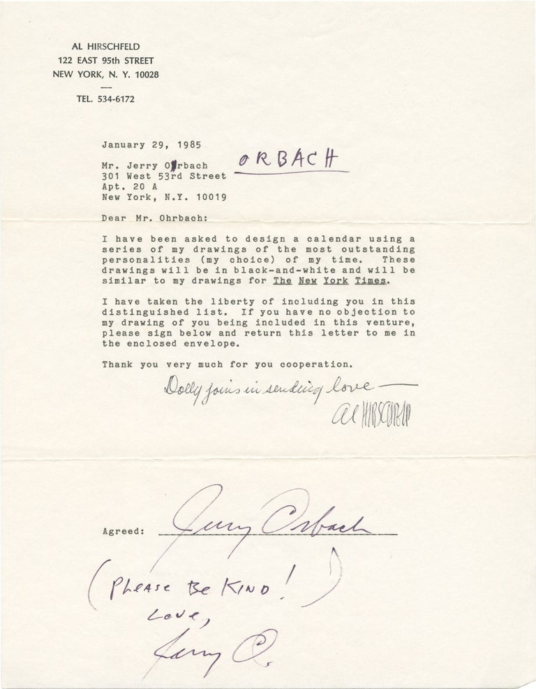 Archive of 17 letters between illustrator Al Hirschfeld and noted actors and directors requesting publication permission of their caricatures, 1981-1985