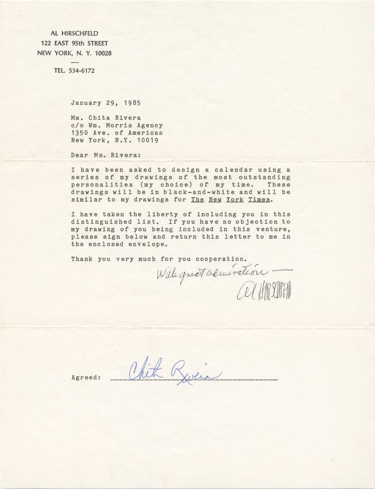 Archive of 17 letters between illustrator Al Hirschfeld and noted actors and directors requesting publication permission of their caricatures, 1981-1985