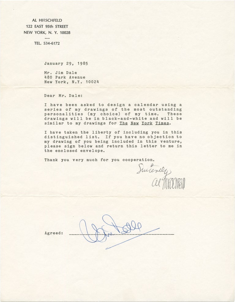 Archive of 17 letters between illustrator Al Hirschfeld and noted actors and directors requesting publication permission of their caricatures, 1981-1985