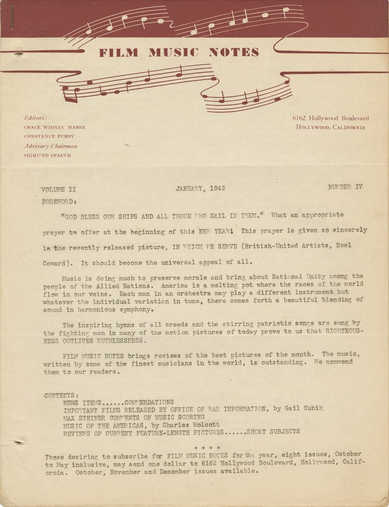 Film Music Notes for 1942-1944
