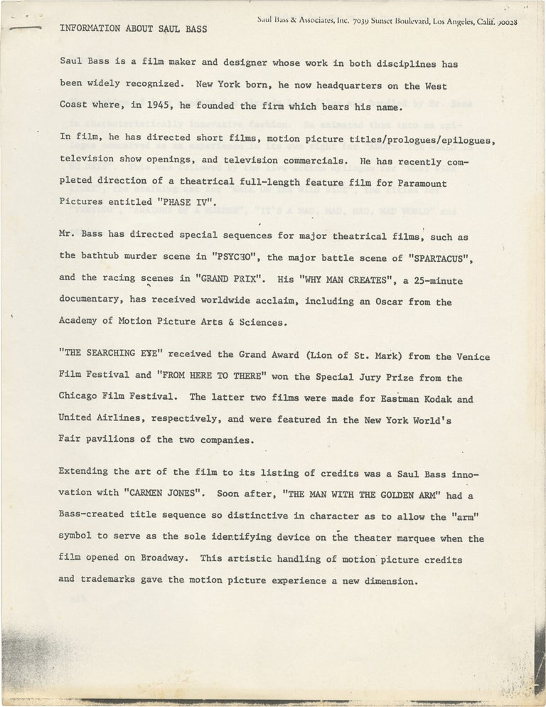 Archive of original photographs, print material, color transparencies, and ephemera documenting Saul Bass' work in advertising and film