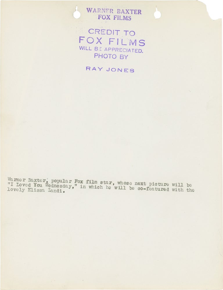 I Loved You Wednesday (Two original publicity photographs of Warner Baxter