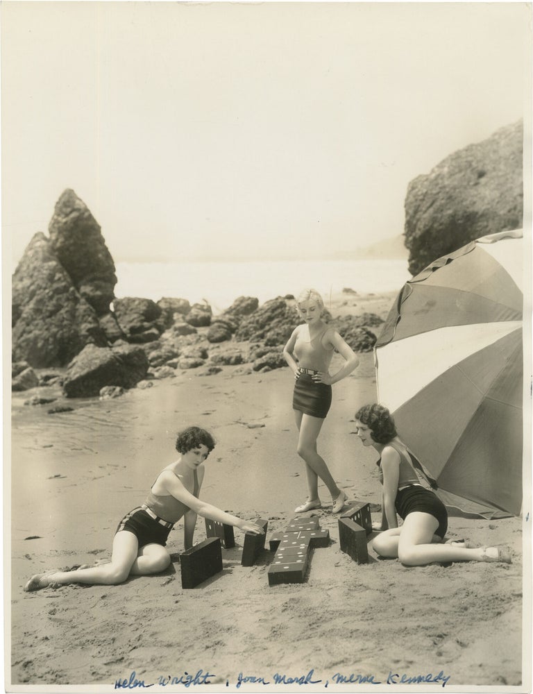 Two original publicity photographs of Joan Marsh, Merna Kennedy, and Helen Wright on the beach, circa 1930