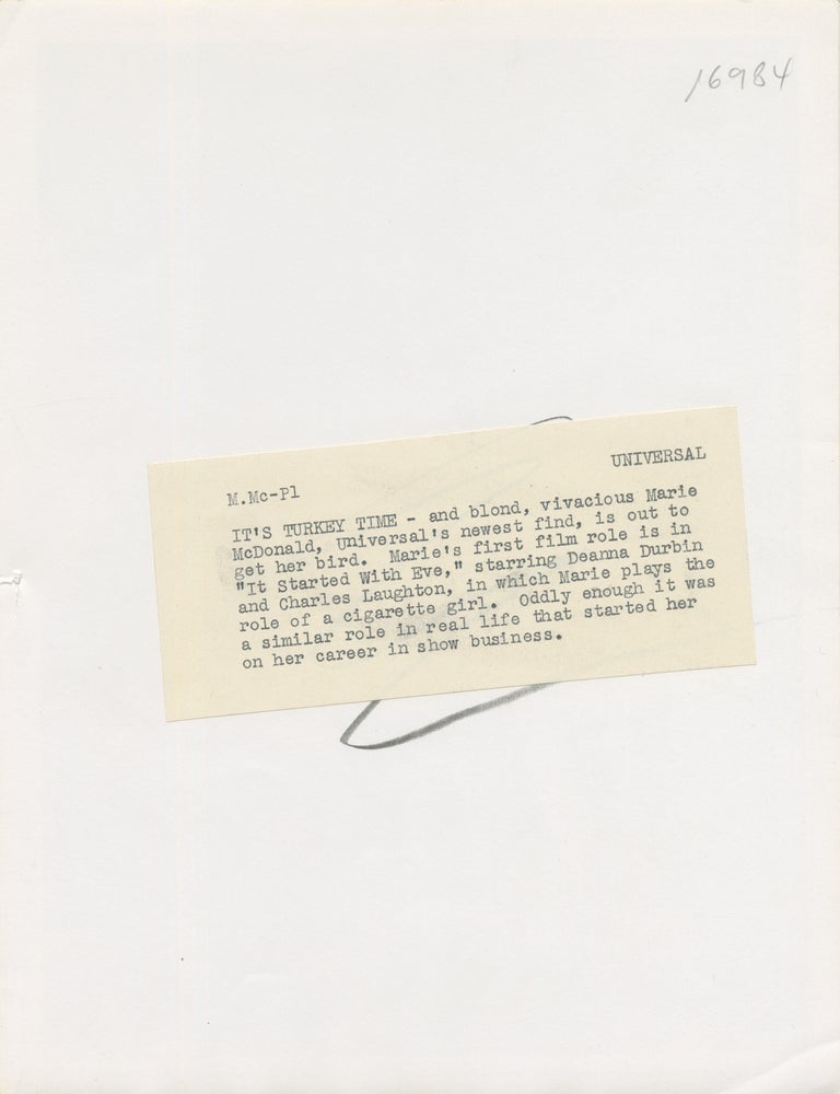 Two original Thanksgiving publicity photographs of Marie McDonald and Elaine Morey