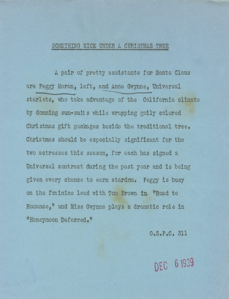 Original Christmas publicity photograph of Peggy Moran and Anne Gwynne, inscribed by Moran