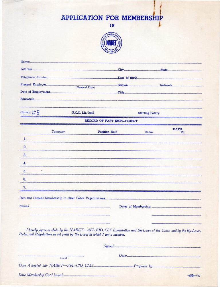 Original National Association of Broadcast Employees and Technicians (NABET), New York City Local 15, 1966 contract and application form