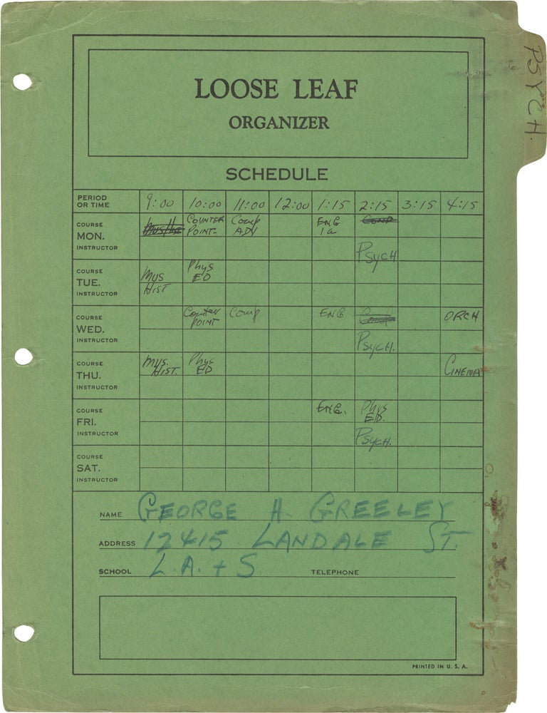 Archive of two binders of handwritten music notations, notes and essays belonging to George Greeley, circa 1945-1946